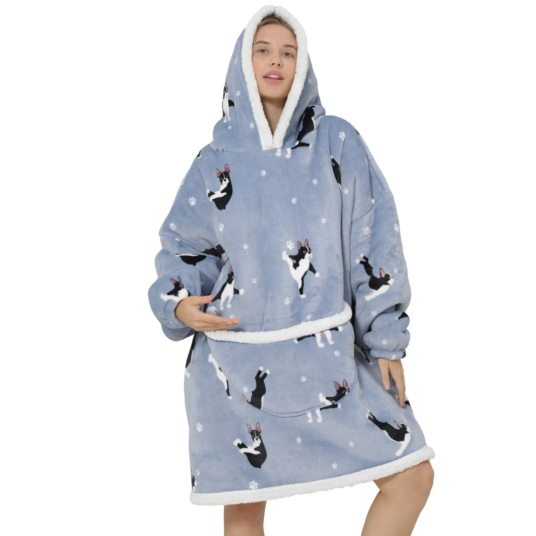Adults Grey Boston Terrier Oversized Plush Blanket Hoodie