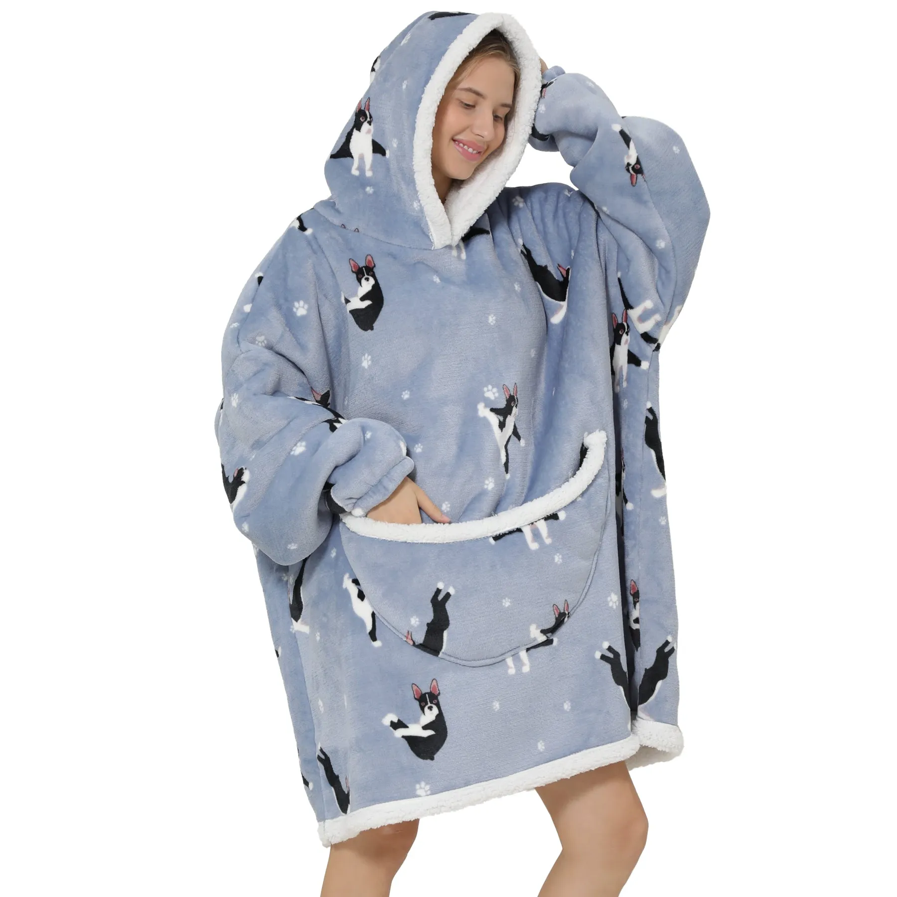 Adults Grey Boston Terrier Oversized Plush Blanket Hoodie
