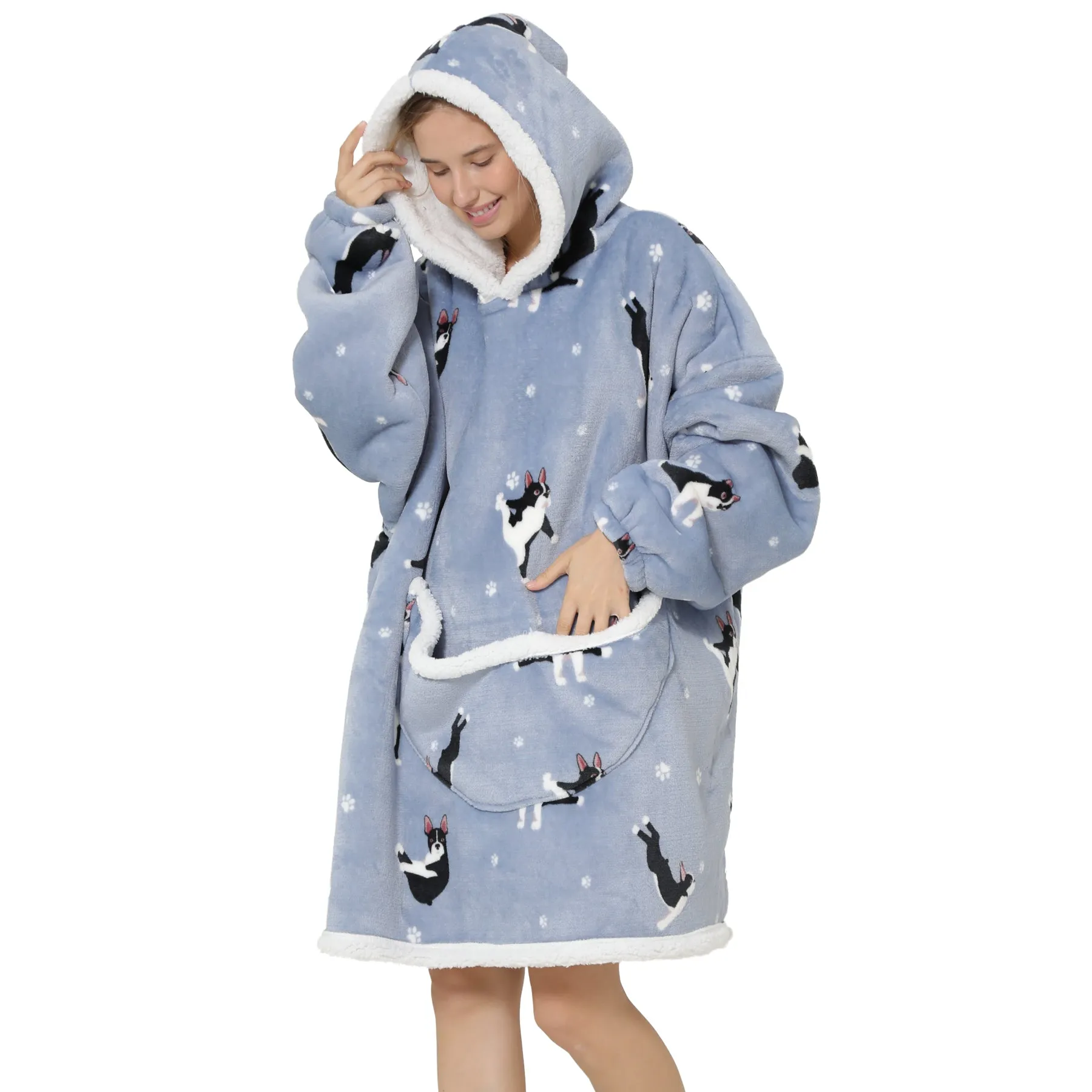 Adults Grey Boston Terrier Oversized Plush Blanket Hoodie