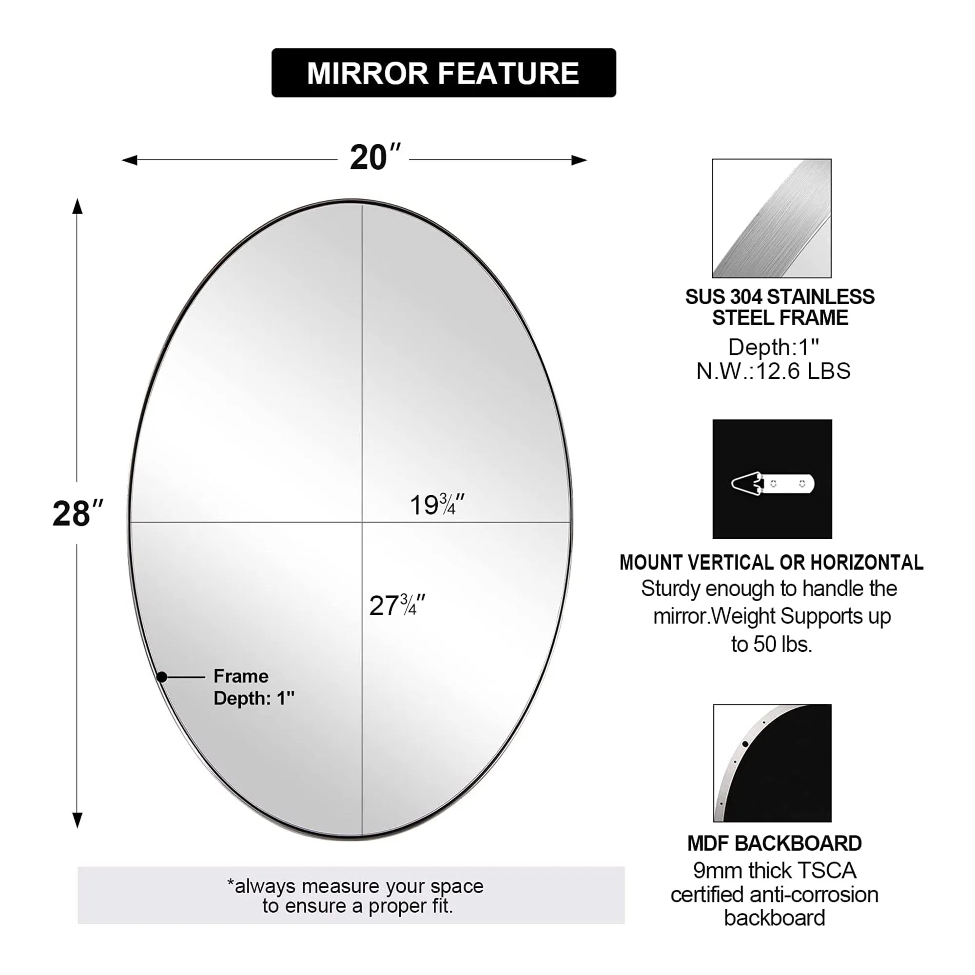 ANDY STAR 24 x 36 Inch Oval Hanging Bathroom Mirror, Polished Silver (Open Box)