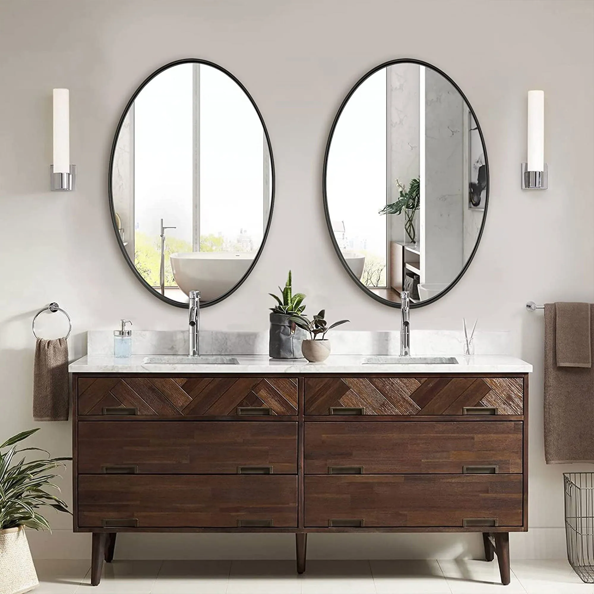 ANDY STAR 24"x36" Oval Hanging Deep Metal Frame Wall Mirror, Matte Black (Used)