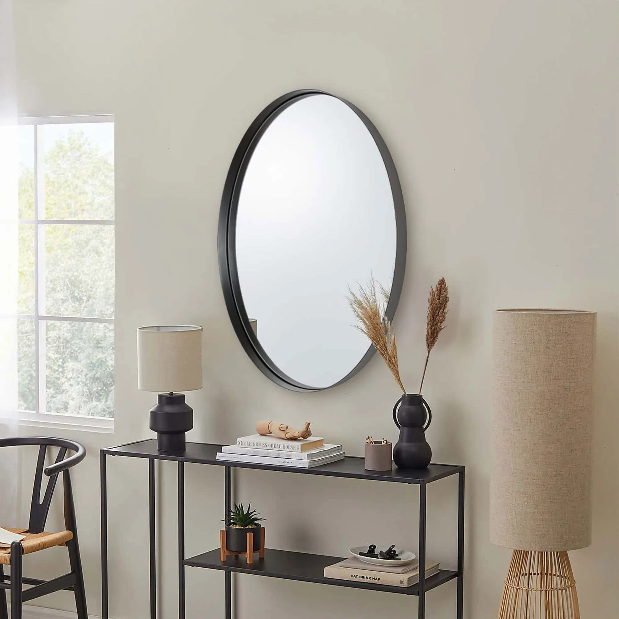 ANDY STAR 24"x36" Oval Hanging Deep Metal Frame Wall Mirror, Matte Black (Used)