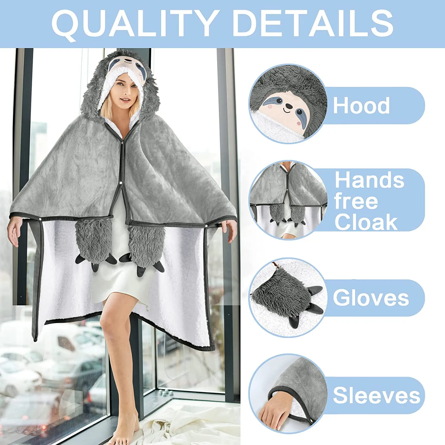 Animal Fluffy Fleece Unisex Hooded Blankets - Grey Sloth