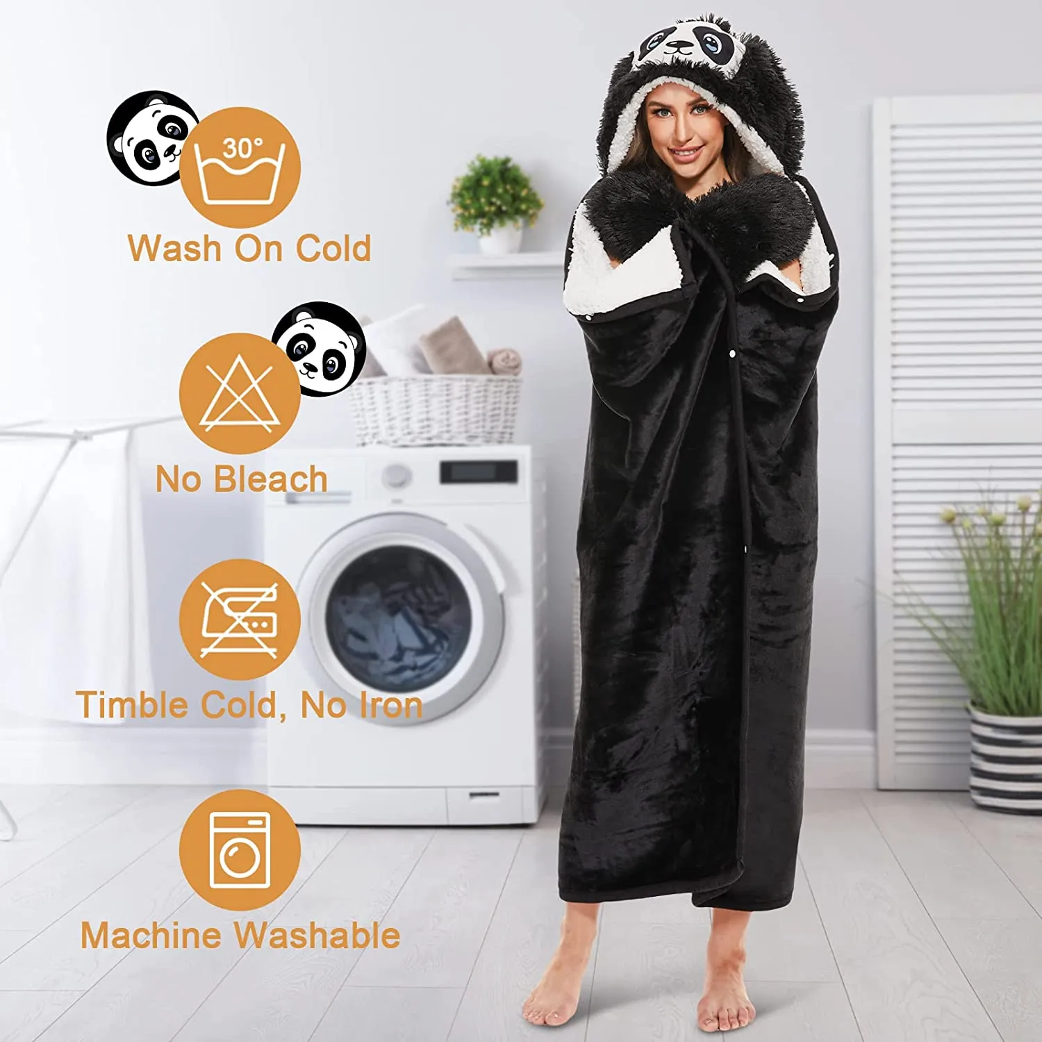 Animal Fluffy Fleece Unisex Hooded Blankets - Panda