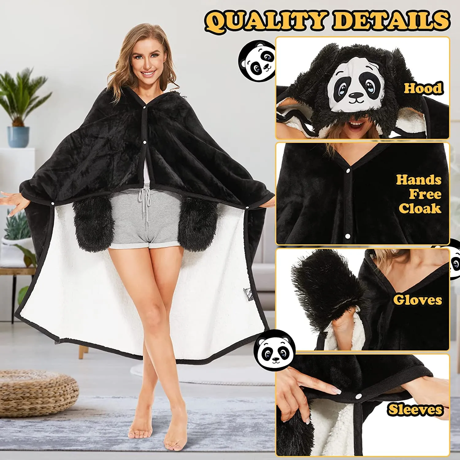 Animal Fluffy Fleece Unisex Hooded Blankets - Panda