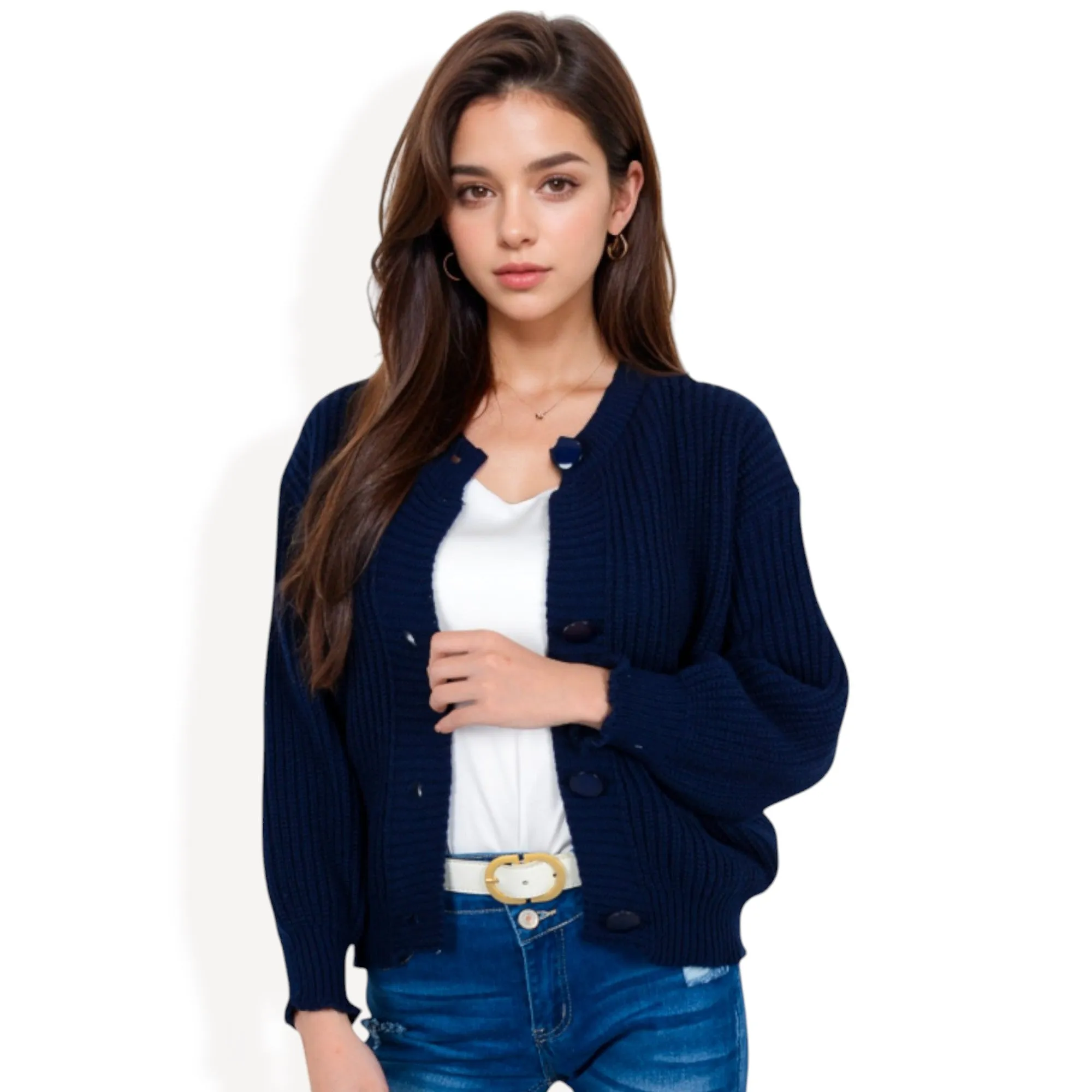 Anna-Kaci Women's Chunky Knit Sweater with Button Front and Ribbed Textured Design