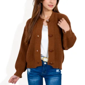 Anna-Kaci Women's Chunky Knit Sweater with Button Front and Ribbed Textured Design