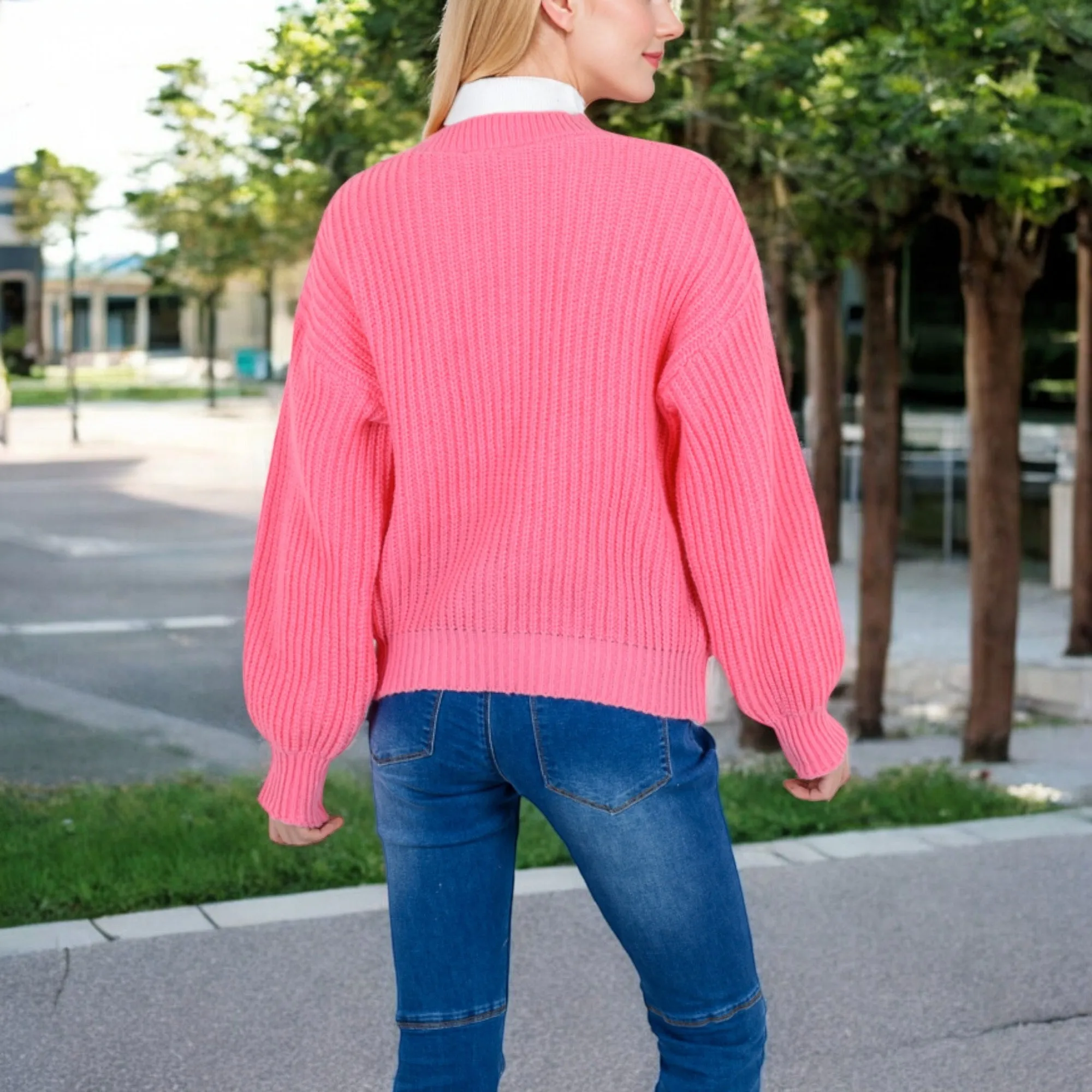 Anna-Kaci Women's Chunky Knit Sweater with Button Front and Ribbed Textured Design