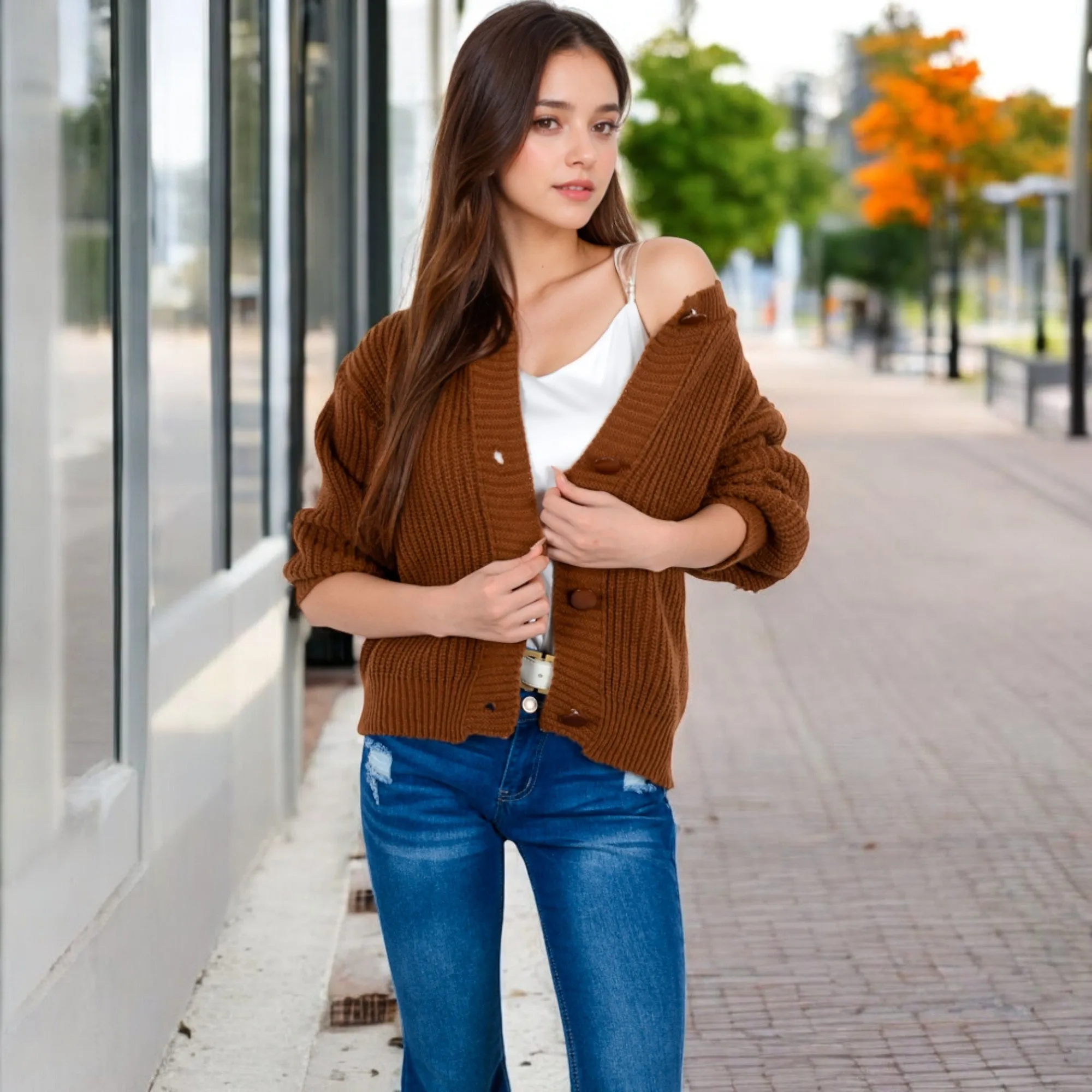 Anna-Kaci Women's Chunky Knit Sweater with Button Front and Ribbed Textured Design