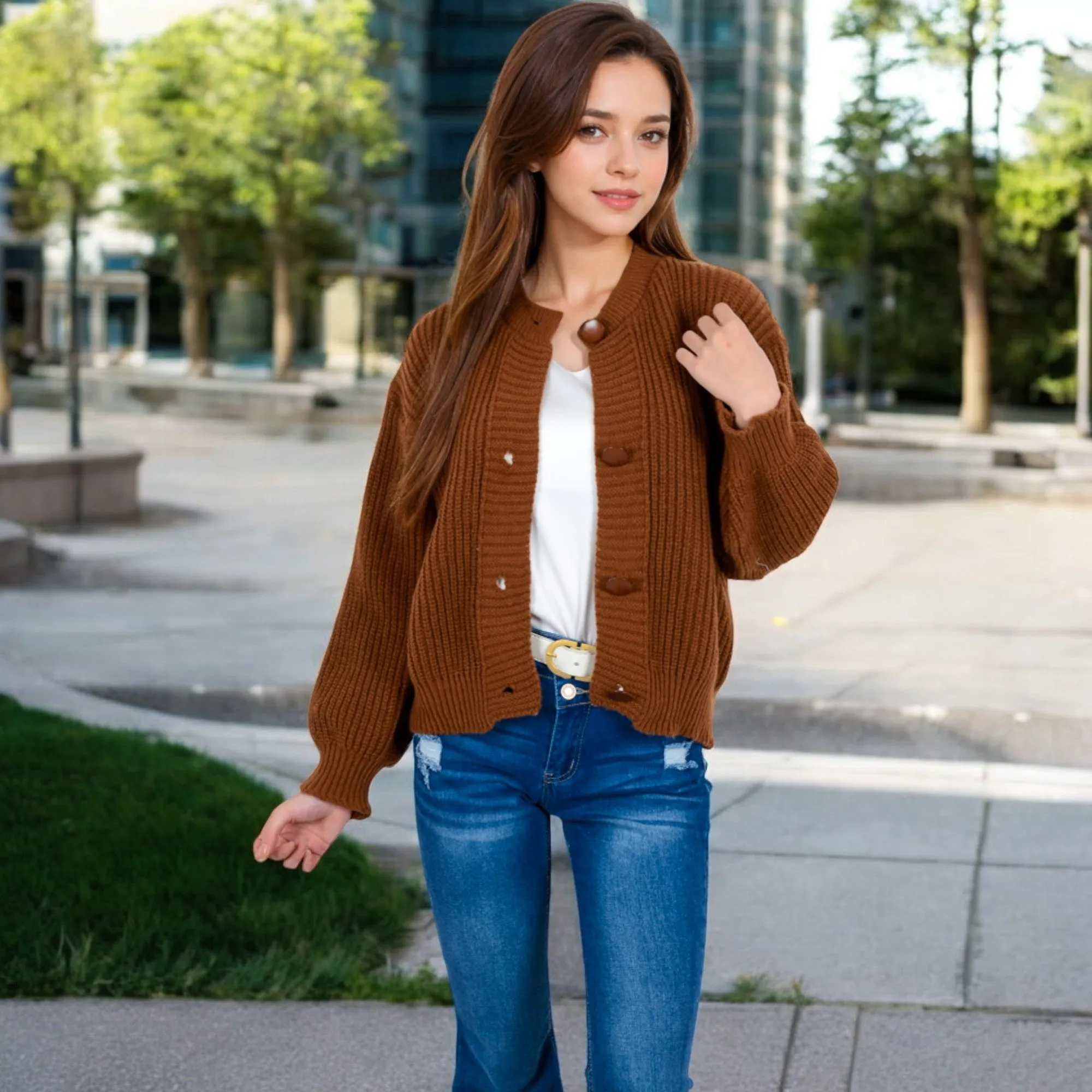 Anna-Kaci Women's Chunky Knit Sweater with Button Front and Ribbed Textured Design