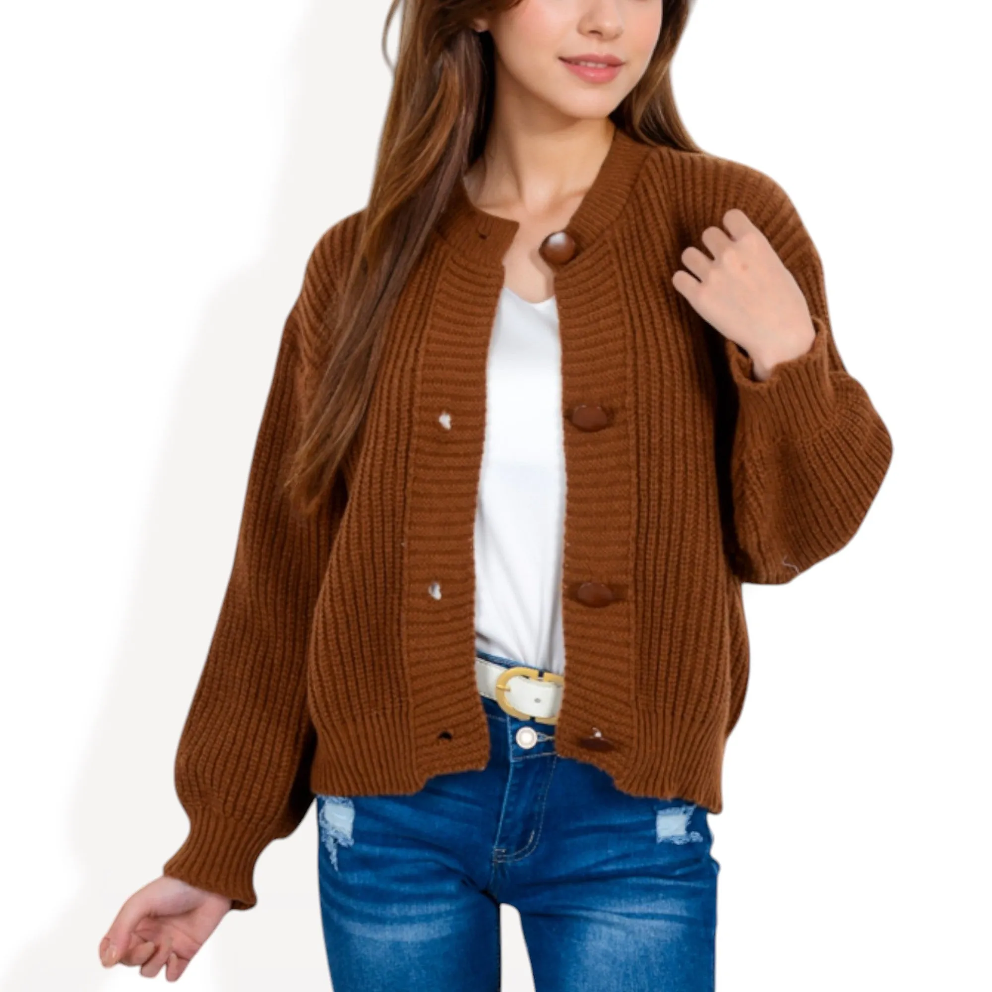Anna-Kaci Women's Chunky Knit Sweater with Button Front and Ribbed Textured Design