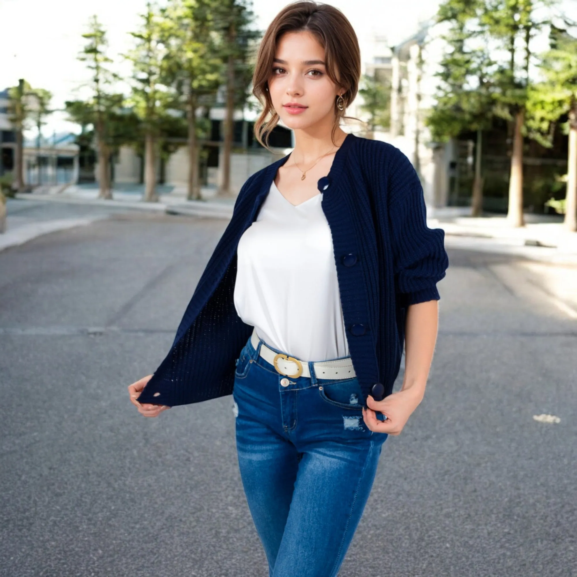 Anna-Kaci Women's Chunky Knit Sweater with Button Front and Ribbed Textured Design