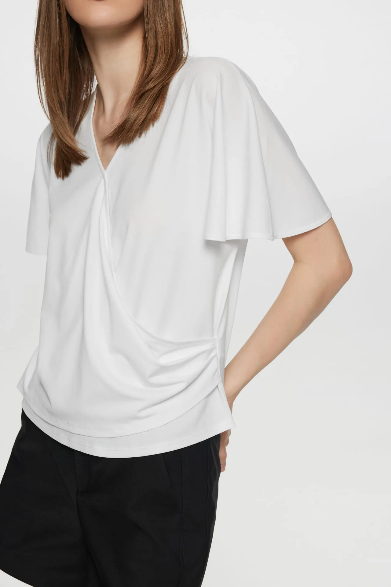 Bailey Stretchable Crepe Knit V Neck Top with Flare Sleeves