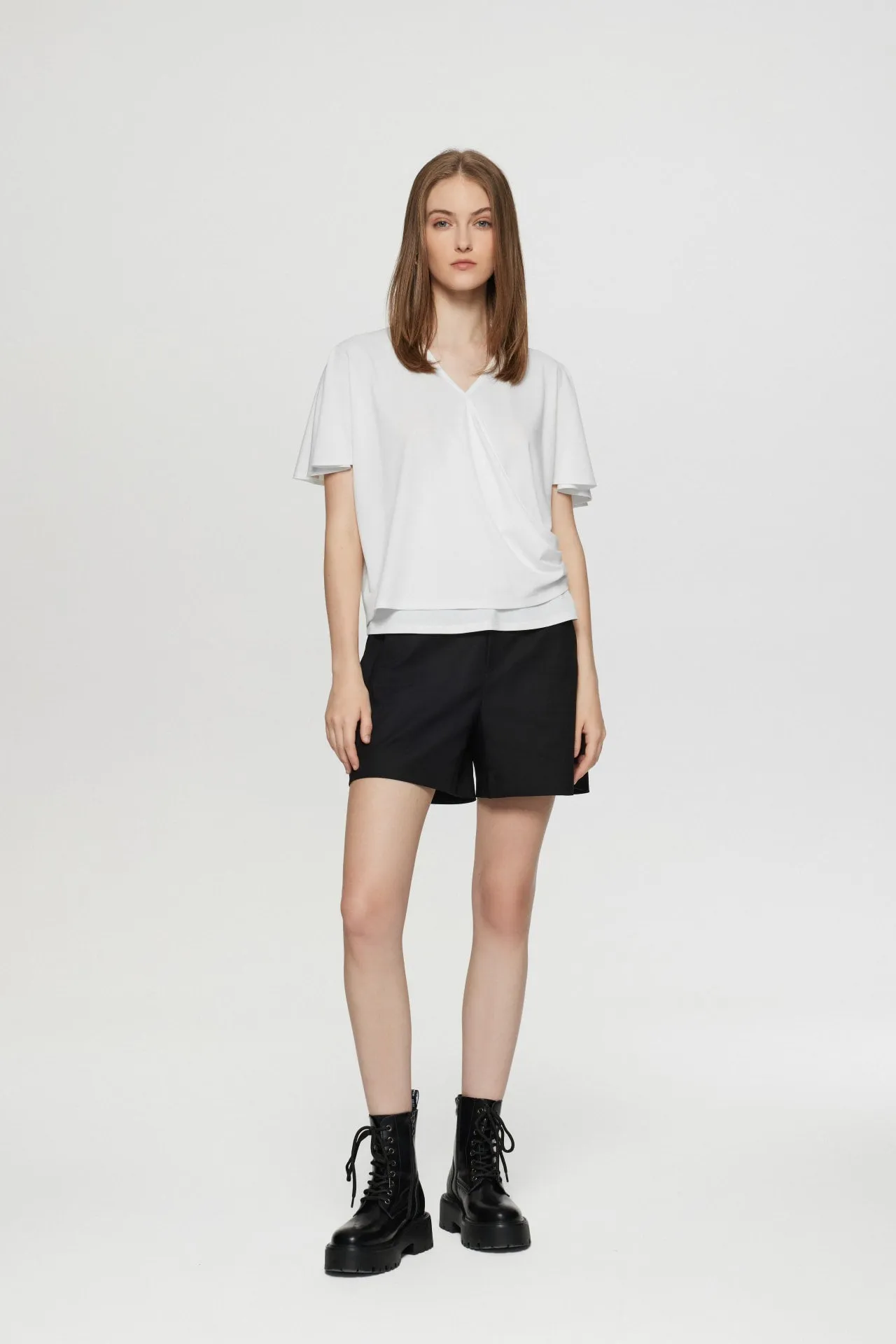 Bailey Stretchable Crepe Knit V Neck Top with Flare Sleeves