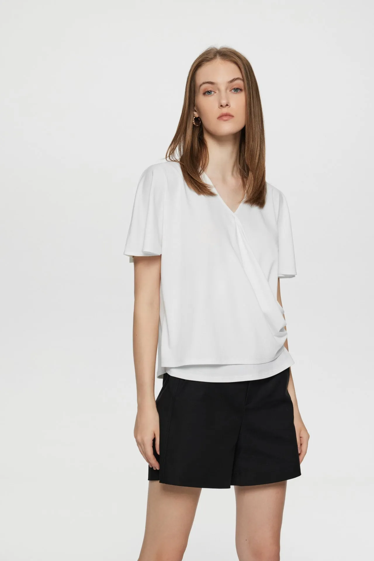 Bailey Stretchable Crepe Knit V Neck Top with Flare Sleeves