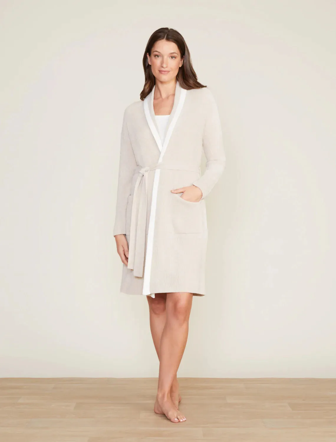 Barefoot Dreams CozyChic Ultra Lite® Tipped Ribbed Short Robe in Stone Pearl