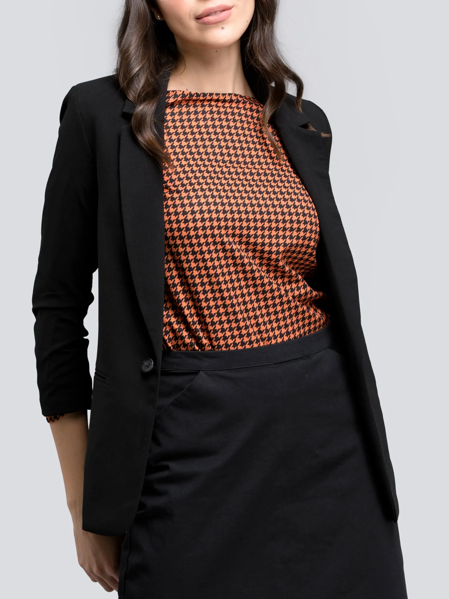 Boat Neck Houndstooth Print Top - Orange and Black