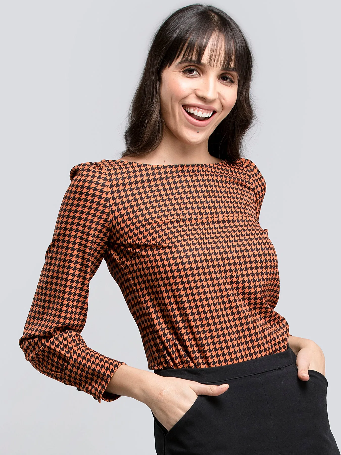 Boat Neck Houndstooth Print Top - Orange and Black