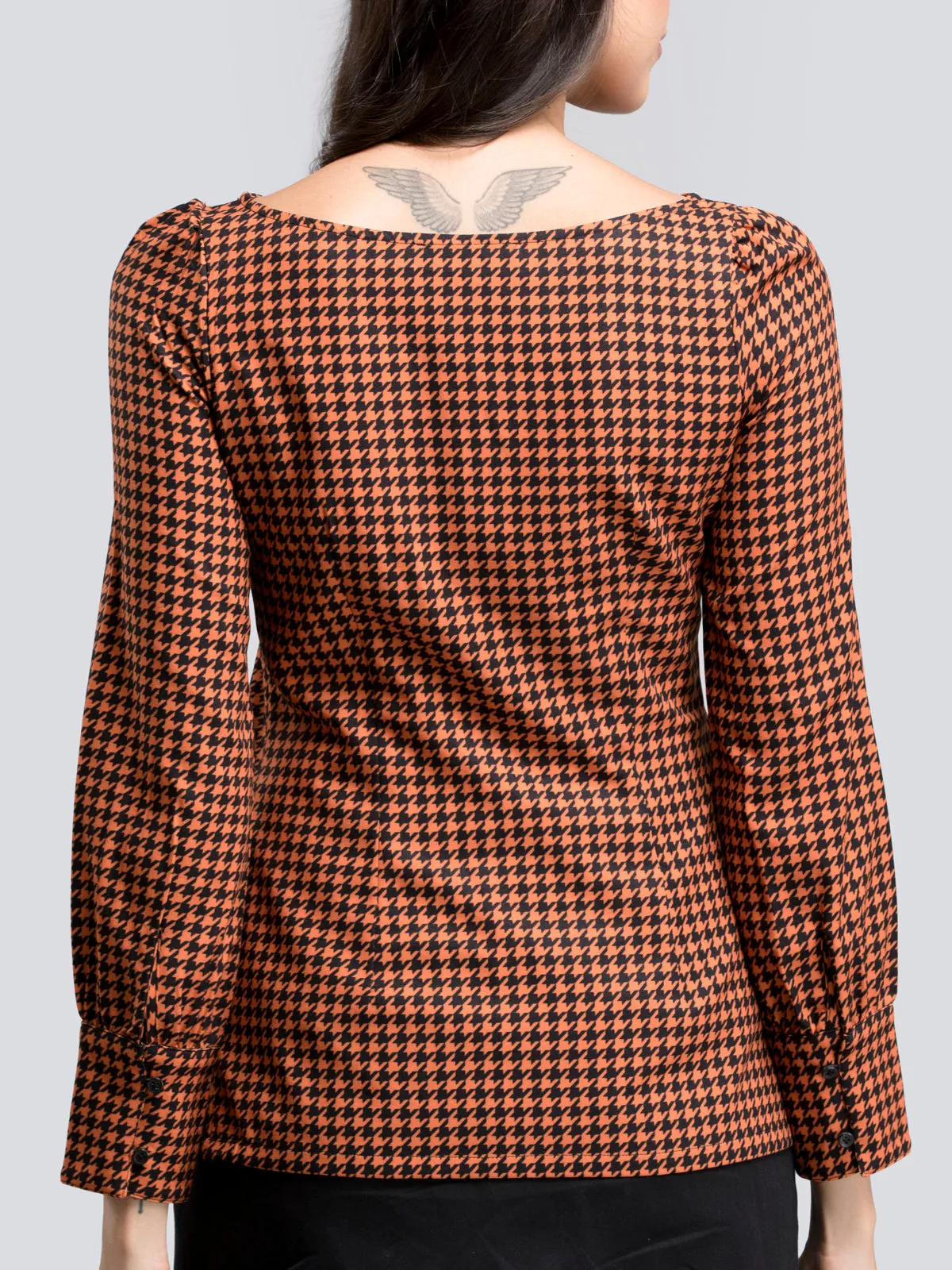 Boat Neck Houndstooth Print Top - Orange and Black