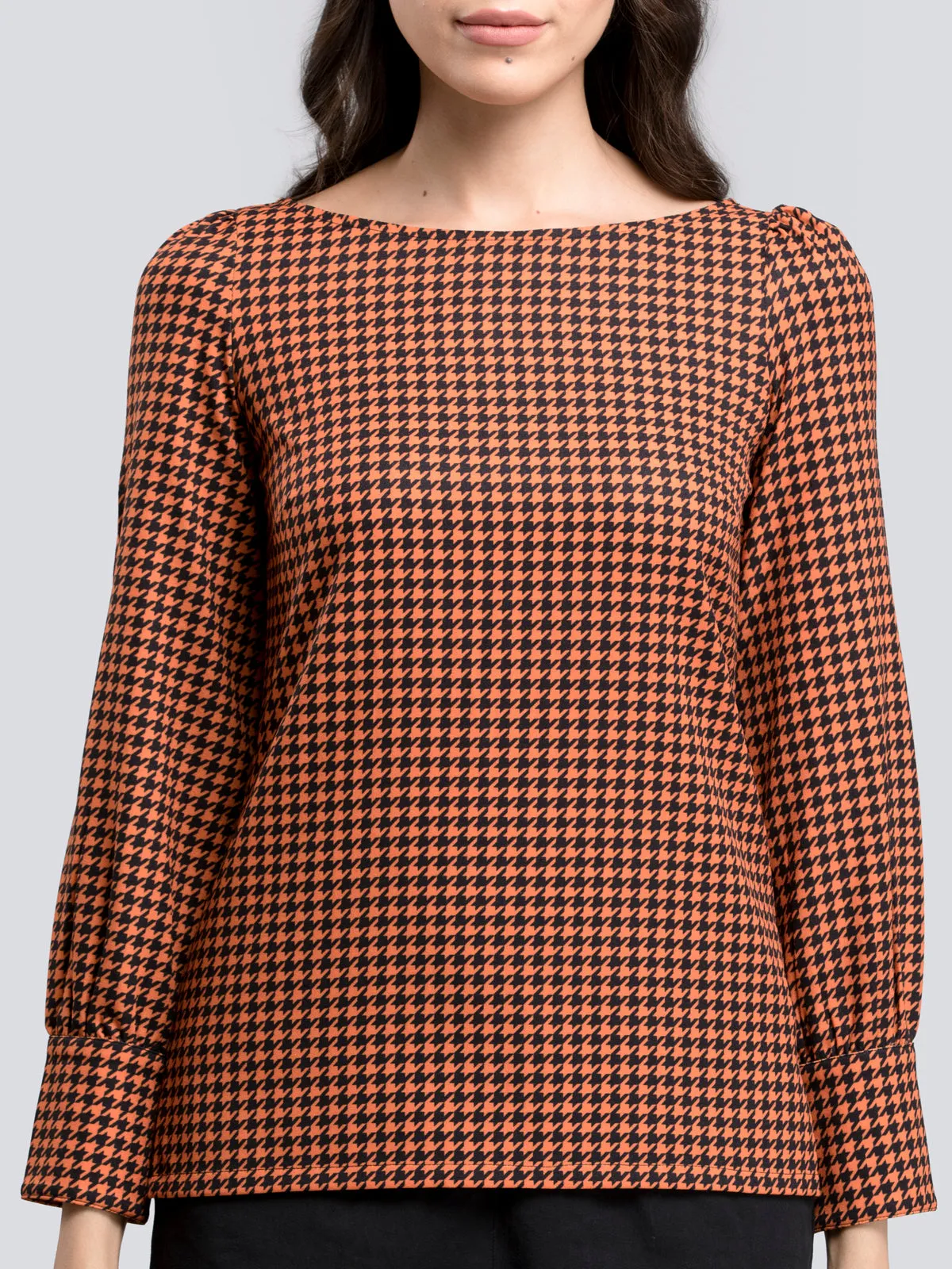 Boat Neck Houndstooth Print Top - Orange and Black