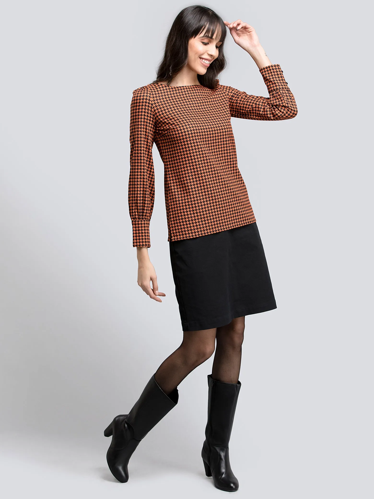 Boat Neck Houndstooth Print Top - Orange and Black