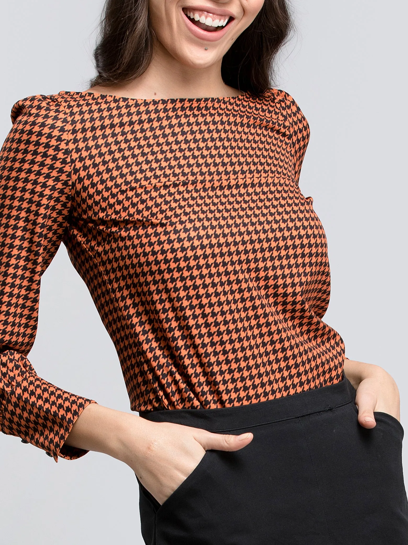 Boat Neck Houndstooth Print Top - Orange and Black