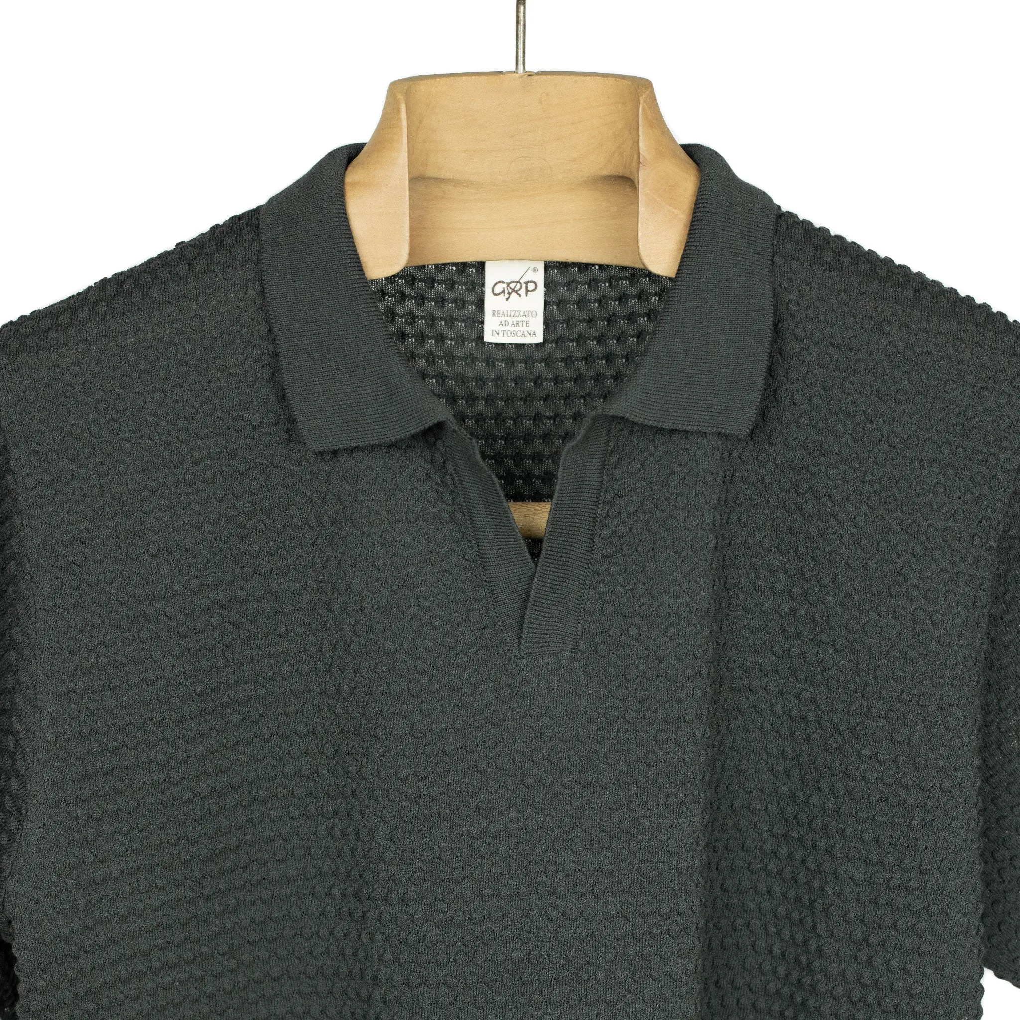 Bubble-knit short sleeve cotton polo shirt, grey