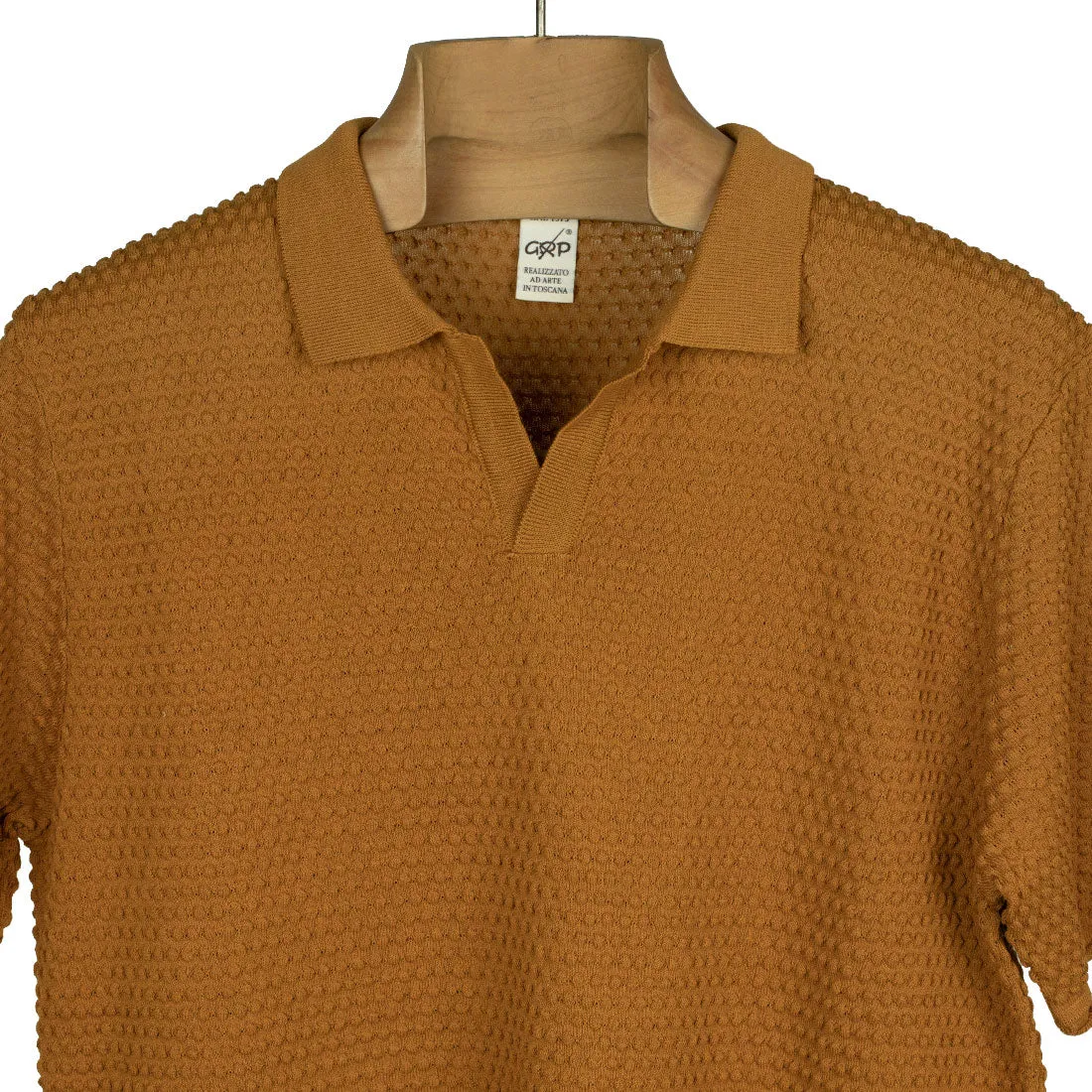 Bubble-knit short sleeve cotton polo shirt, tobacco (restock)