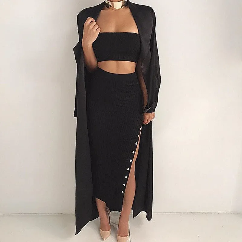 Buttons Knit High Waist Split Slim Long Skirt