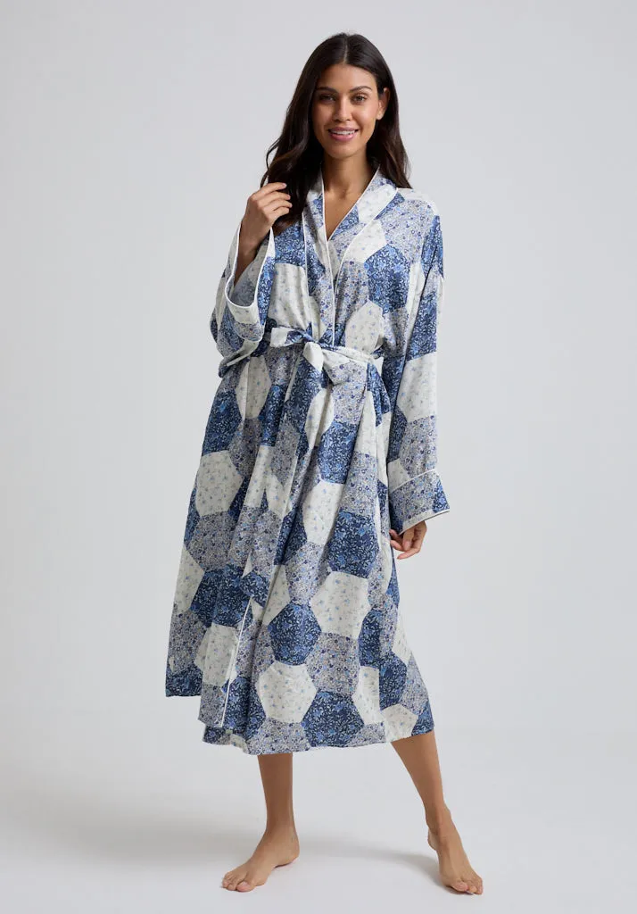 Corina Kimono Style Aster Patchwork Print Robe In Blue