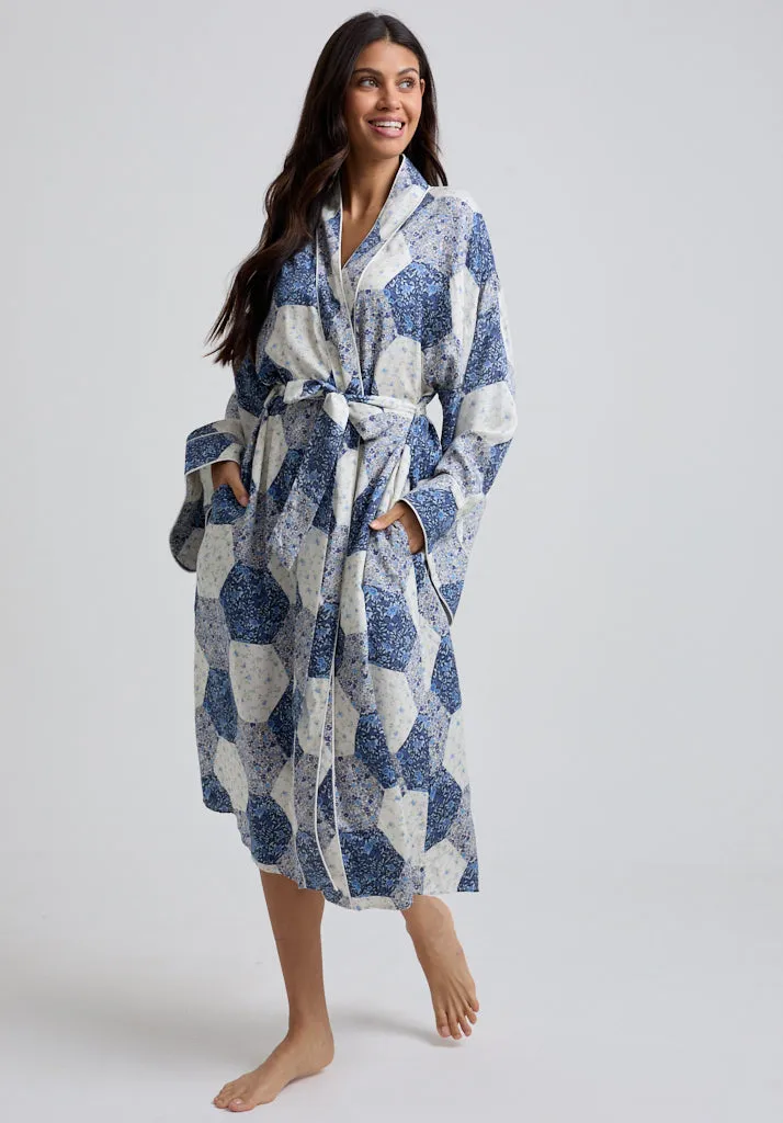 Corina Kimono Style Aster Patchwork Print Robe In Blue