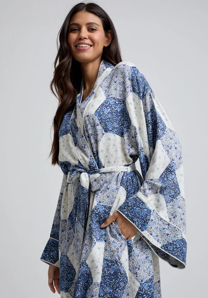 Corina Kimono Style Aster Patchwork Print Robe In Blue