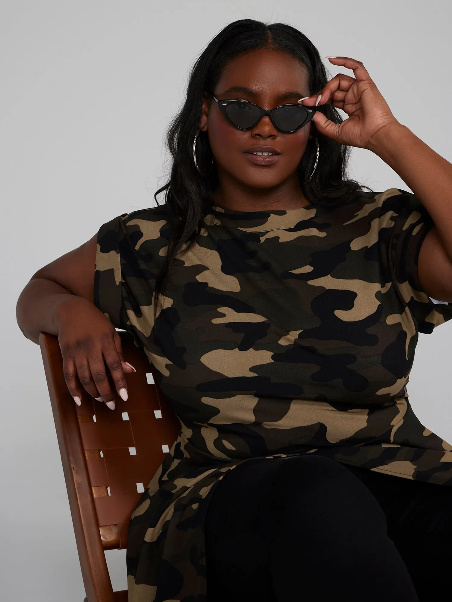 Fashion To Figure - Split Front Camo Tunic Top
