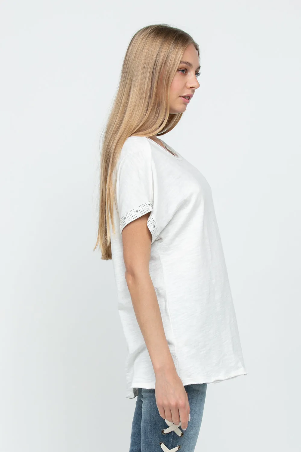 Ivory Ballet Neck Top with Rhinestone Sleeve Detail