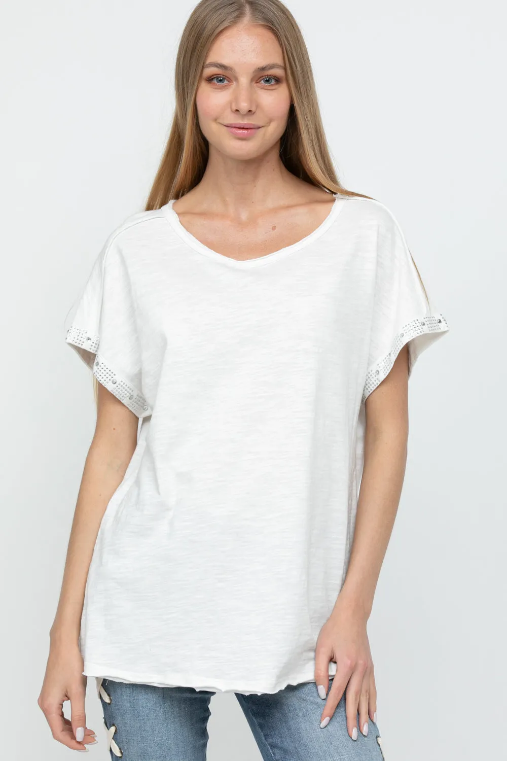 Ivory Ballet Neck Top with Rhinestone Sleeve Detail