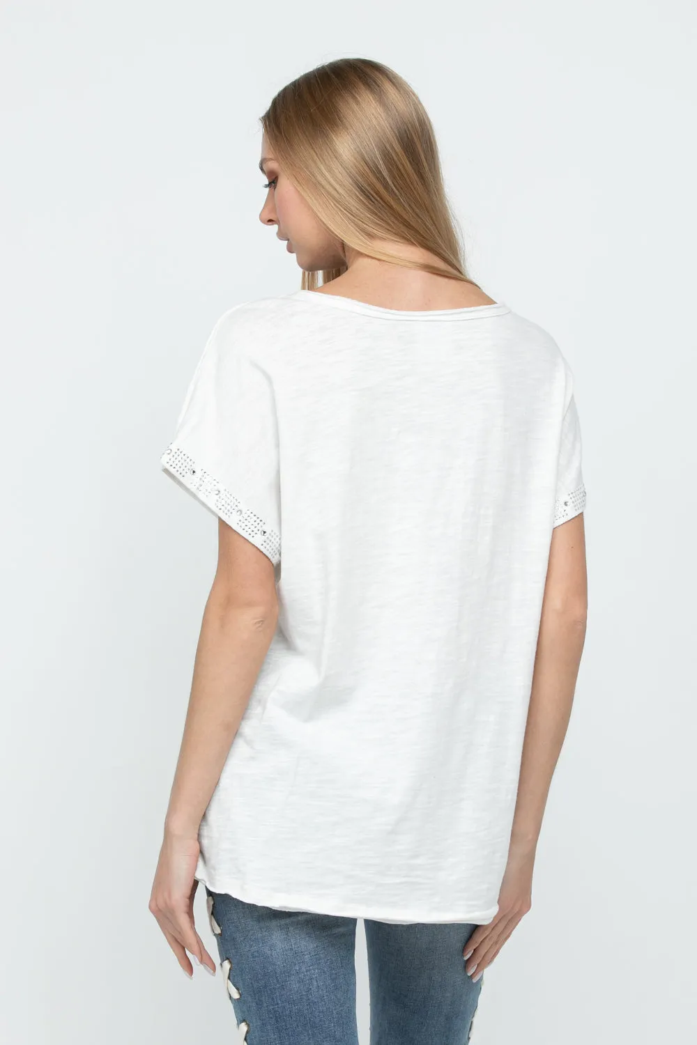 Ivory Ballet Neck Top with Rhinestone Sleeve Detail