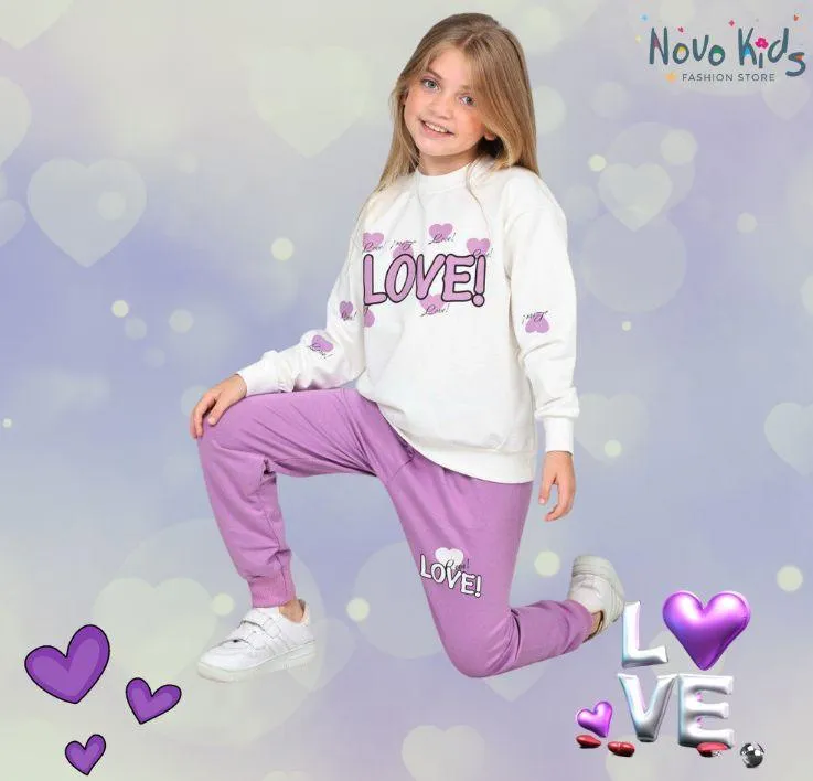 Love Kids Girls High-Quality Cotton Set in Purple & White - Kids Girls (2PCs)