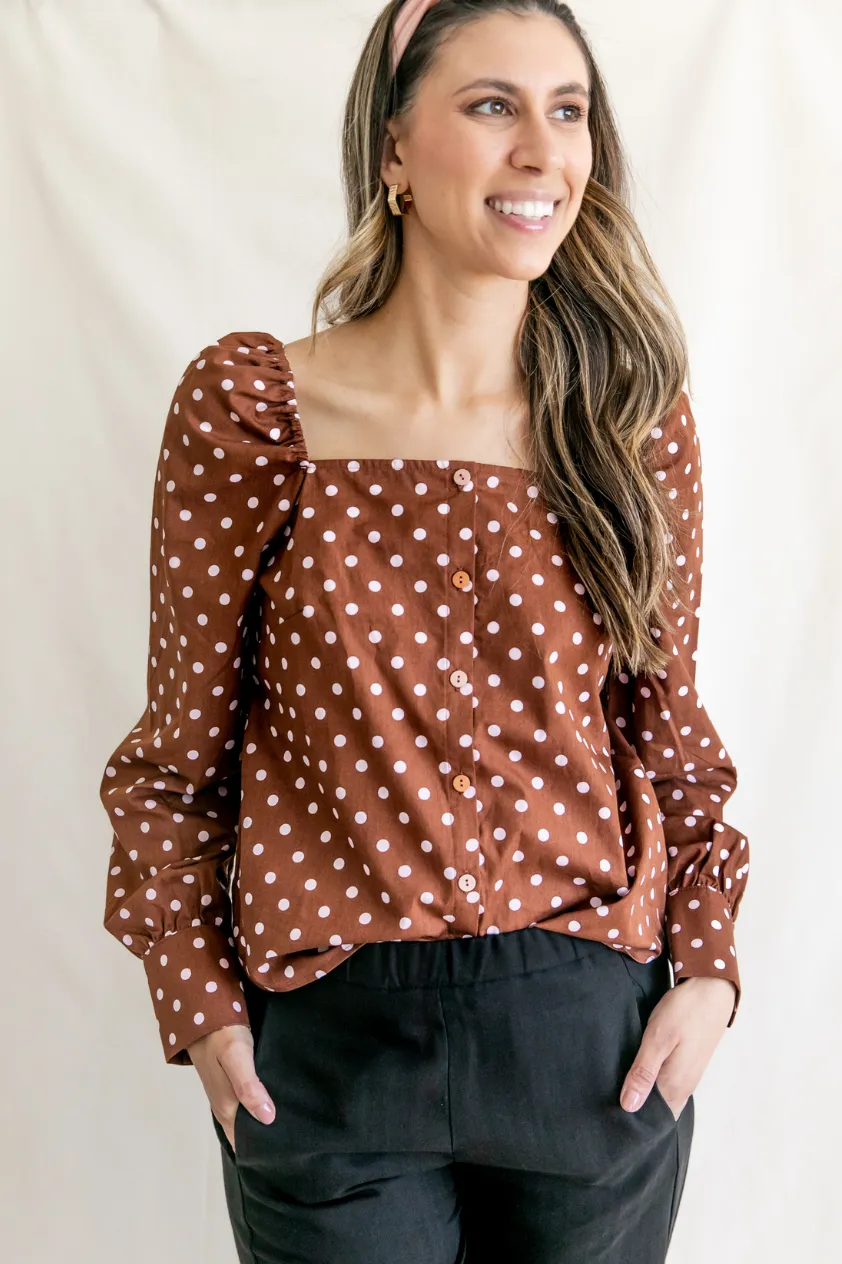 Maria Cotton Polka Dots Square Neck Puff Sleeve Shirt