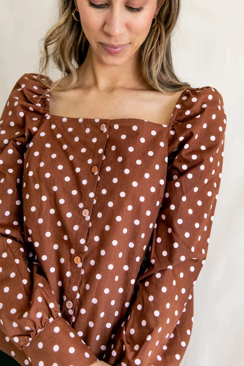 Maria Cotton Polka Dots Square Neck Puff Sleeve Shirt