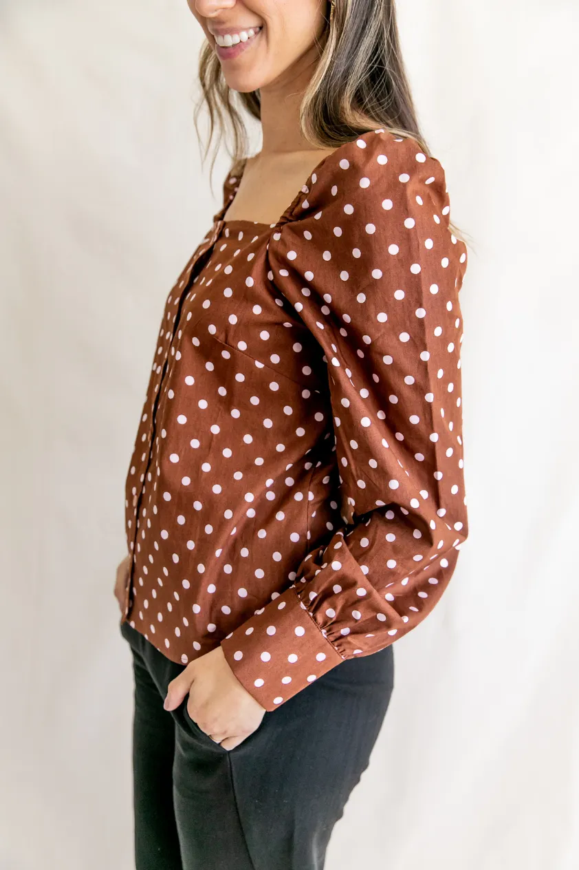 Maria Cotton Polka Dots Square Neck Puff Sleeve Shirt