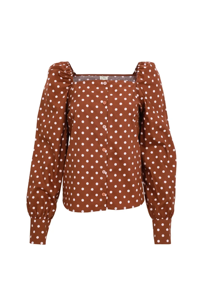 Maria Cotton Polka Dots Square Neck Puff Sleeve Shirt