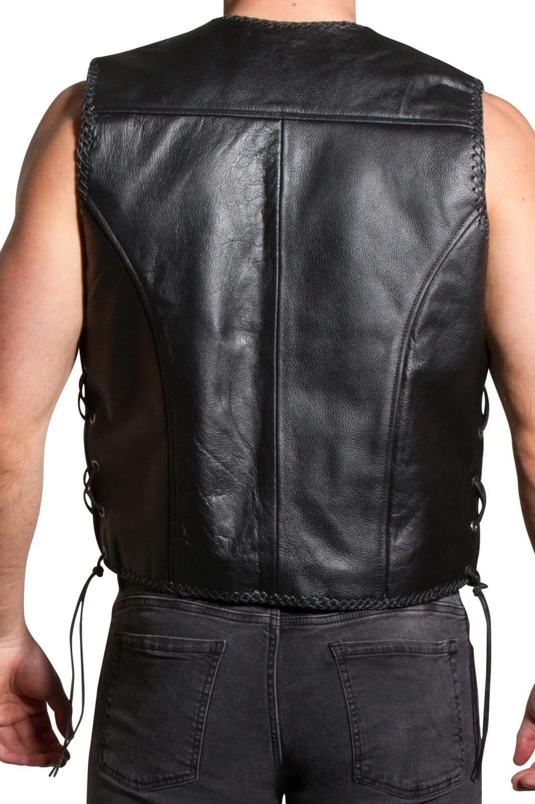 Mens Leather Waistcoat Biker Vest Braided With Fish Hook Buckles