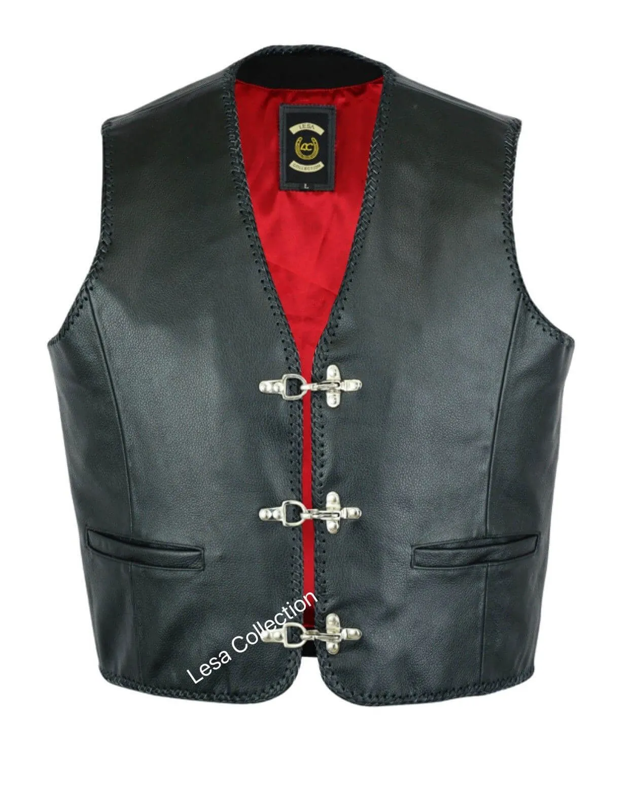 Mens Leather Waistcoat Biker Vest Braided With Fish Hook Buckles