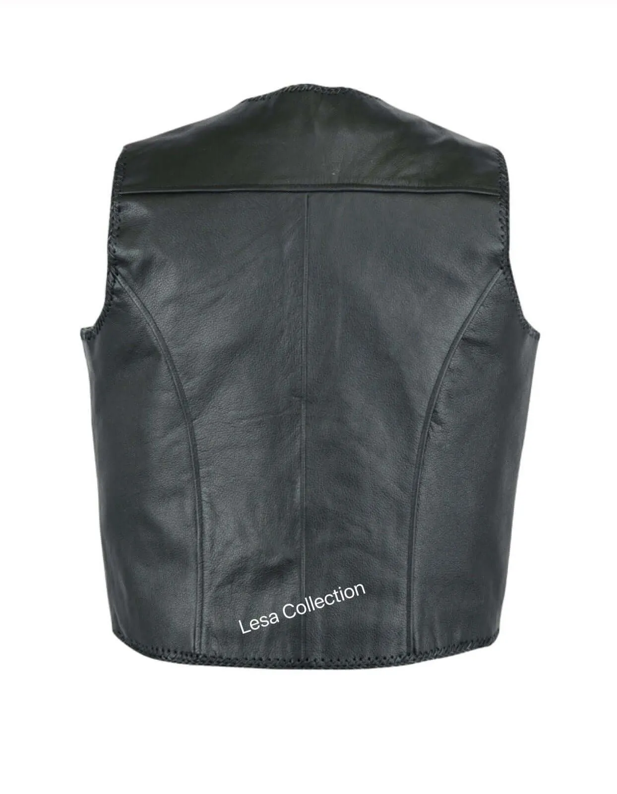 Mens Leather Waistcoat Biker Vest Braided With Fish Hook Buckles