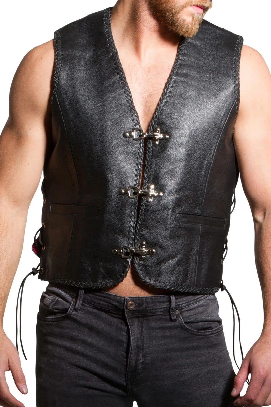 Mens Leather Waistcoat Biker Vest Braided With Fish Hook Buckles