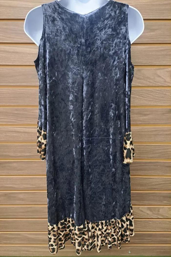 Metallic velvet leopard ruffle cold shoulder tunic