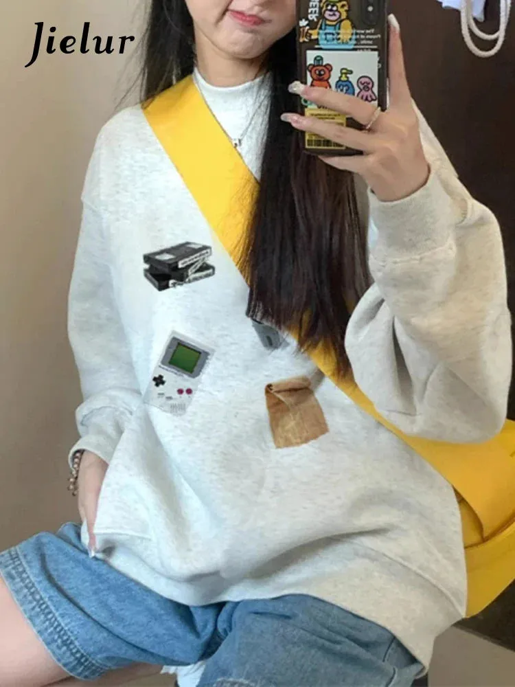 Metaversmall High Street Chicly Printing Casual Women Hoodies Classic O-neck Simple Loose 2-colors Fashion Pullover Top Female Hoodies