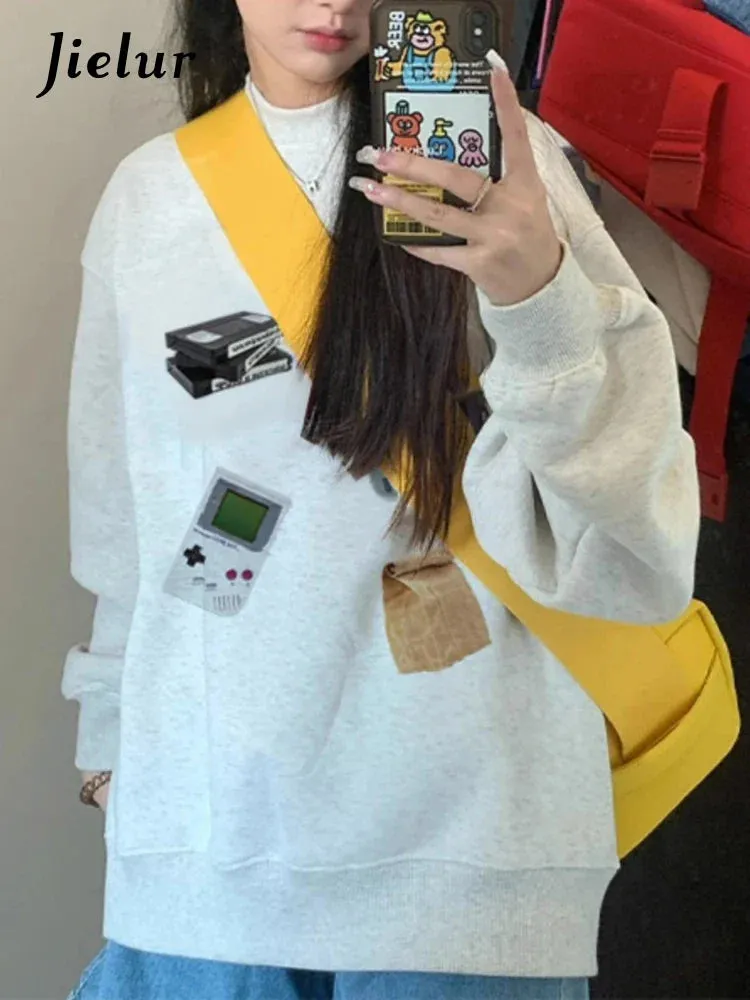 Metaversmall High Street Chicly Printing Casual Women Hoodies Classic O-neck Simple Loose 2-colors Fashion Pullover Top Female Hoodies