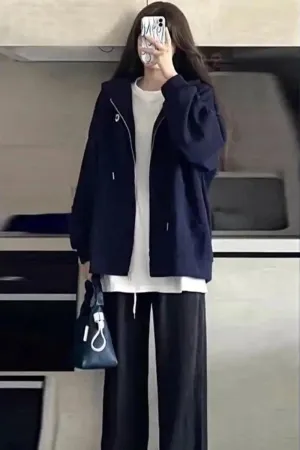 Metaversmall Navy Blue Basic Drawstring Hooded Vintage Loose Women Hoodies Fashion Chic Zipper Pure Color Simple Casual Female Hoodies