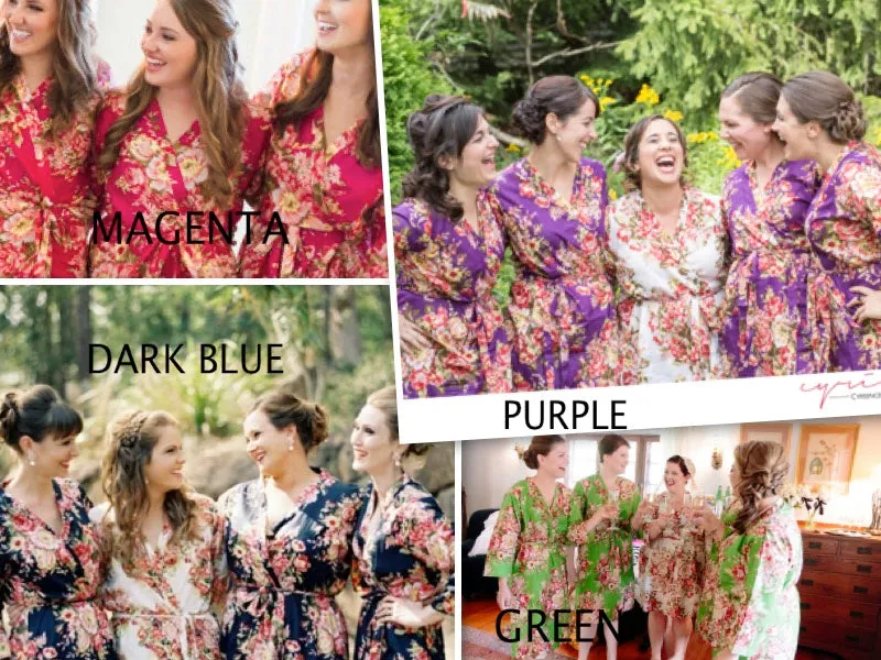 Mismatched Rosy Red Posy Patterned Bridesmaids Robes in Jewel Tones
